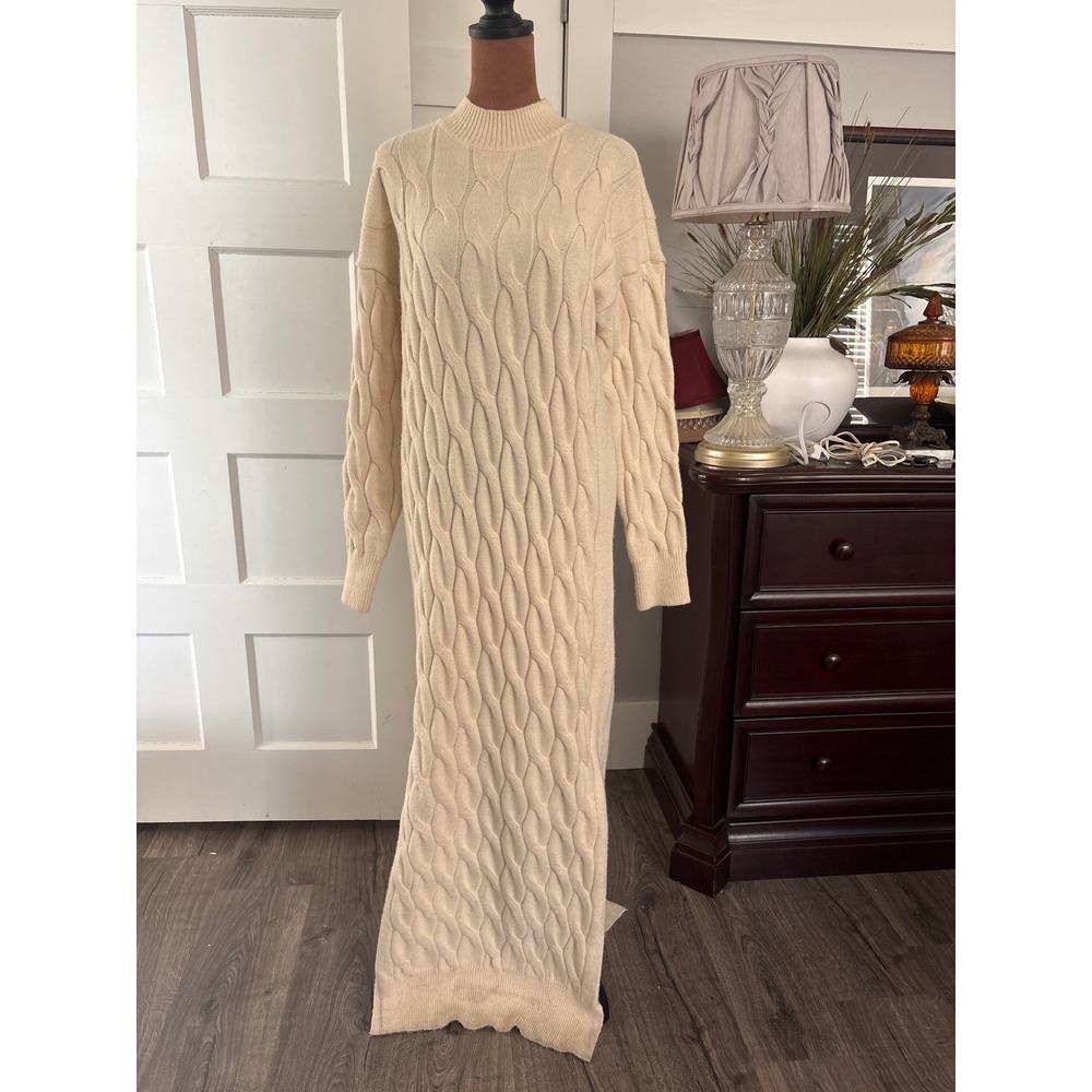 Line and Dot Ivory Cable Knit Maxi Sweater Dress Mock Neck LD4425B Mens M